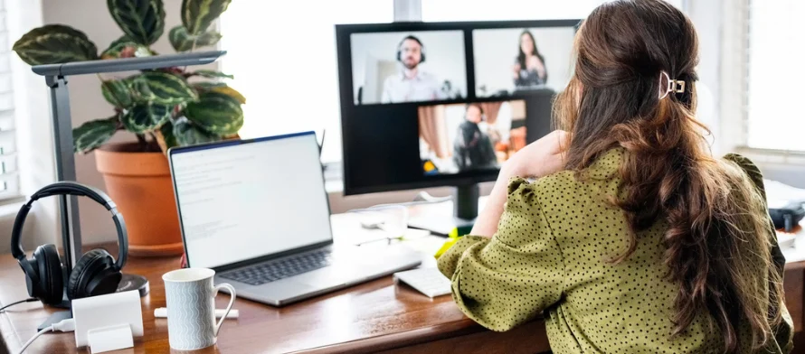 Virtual Office vs Home Office. A woman working from home on a call